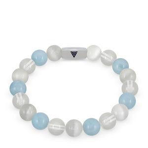 Front view of a 10mm Aquarius Zodiac beaded stretch bracelet featuring Selenite, Aquamarine, & Quartz crystal and silver stainless steel logo bead made by Voltlin