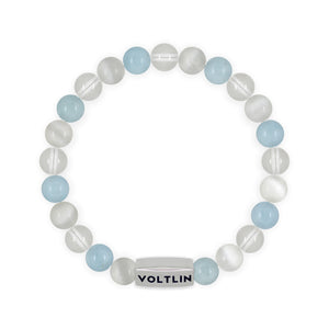 Top view of an 8mm Aquarius Zodiac beaded stretch bracelet featuring Selenite, Aquamarine, & Quartz crystal and silver stainless steel logo bead made by Voltlin