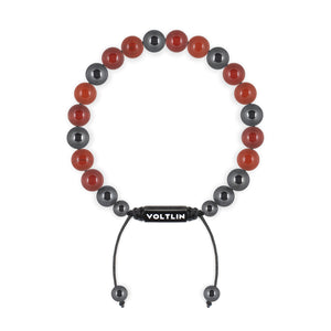 Top view of an 8mm Aries Zodiac crystal beaded shamballa bracelet with black stainless steel logo bead made by Voltlin