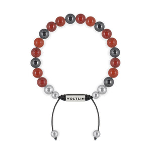 Top view of an 8mm Aries Zodiac beaded shamballa bracelet featuring Carnelian, Red Jasper, & Hematite crystal and silver stainless steel logo bead made by Voltlin