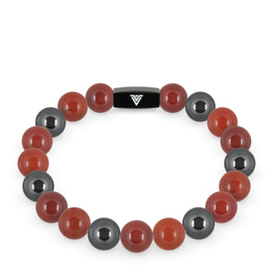 Front view of a 10mm Aries Zodiac crystal beaded stretch bracelet with black stainless steel logo bead made by Voltlin