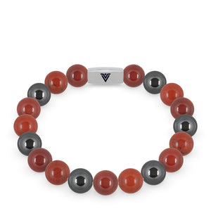 Front view of a 10mm Aries Zodiac beaded stretch bracelet featuring Carnelian, Red Jasper, & Hematite crystal and silver stainless steel logo bead made by Voltlin