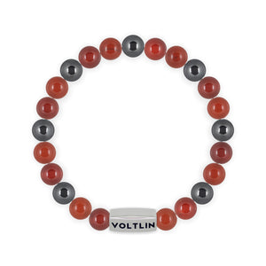 Top view of an 8mm Aries Zodiac beaded stretch bracelet featuring Carnelian, Red Jasper, & Hematite crystal and silver stainless steel logo bead made by Voltlin