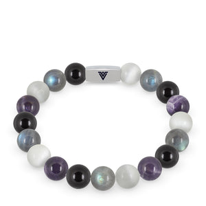 Front view of a 10mm Asexual Pride beaded stretch bracelet with silver stainless steel logo bead made by Voltlin