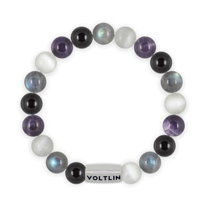 Top view of a 10mm Asexual Pride beaded stretch bracelet with silver stainless steel logo bead made by Voltlin
