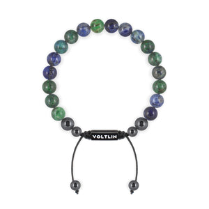 Top view of an 8mm Azurite crystal beaded shamballa bracelet with black stainless steel logo bead made by Voltlin