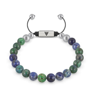 Front view of an 8mm Azurite beaded shamballa bracelet with silver stainless steel logo bead made by Voltlin