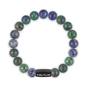 Top view of a 10mm Azurite crystal beaded stretch bracelet with black stainless steel logo bead made by Voltlin