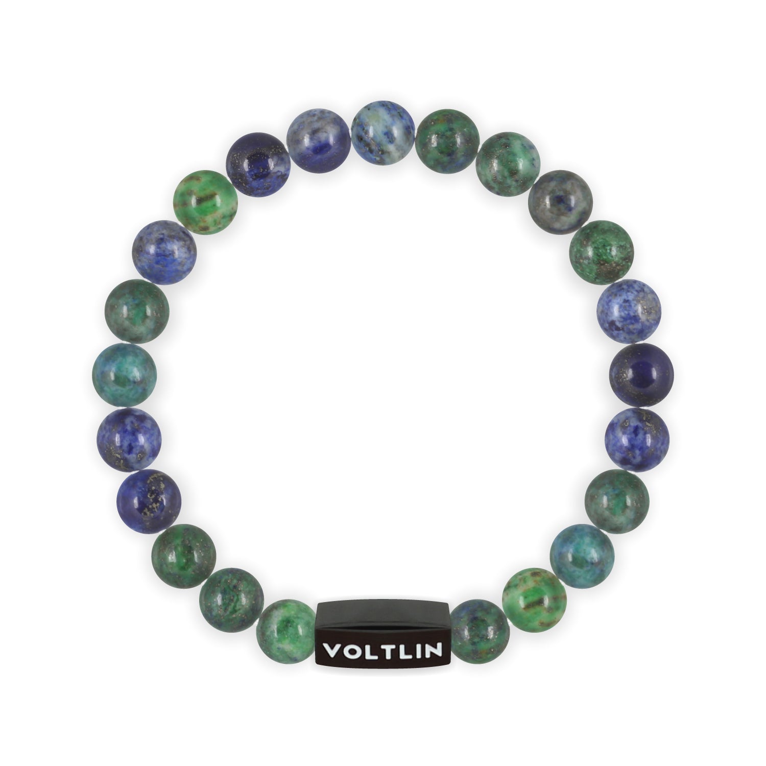 Front view of an 8mm Azurite crystal beaded stretch bracelet with black stainless steel logo bead made by Voltlin