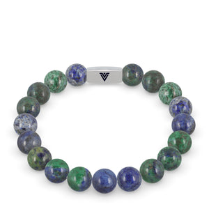 Front view of a 10mm Azurite beaded stretch bracelet with silver stainless steel logo bead made by Voltlin