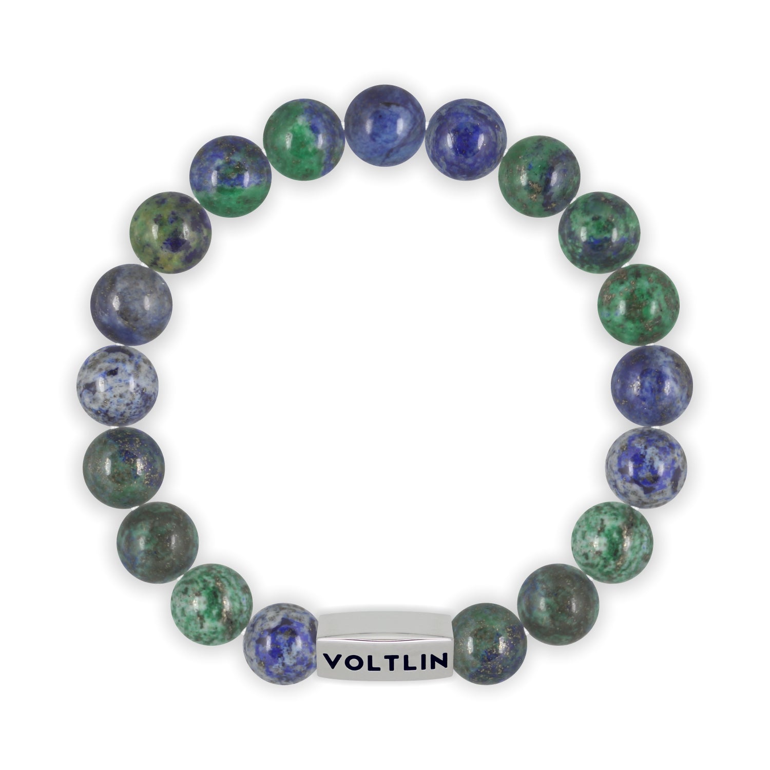 Top view of a 10mm Azurite beaded stretch bracelet with silver stainless steel logo bead made by Voltlin