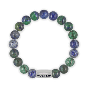 Top view of a 10mm Azurite beaded stretch bracelet with silver stainless steel logo bead made by Voltlin