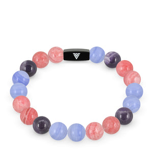 Front view of a 10mm Bisexual Pride crystal beaded stretch bracelet with black stainless steel logo bead made by Voltlin