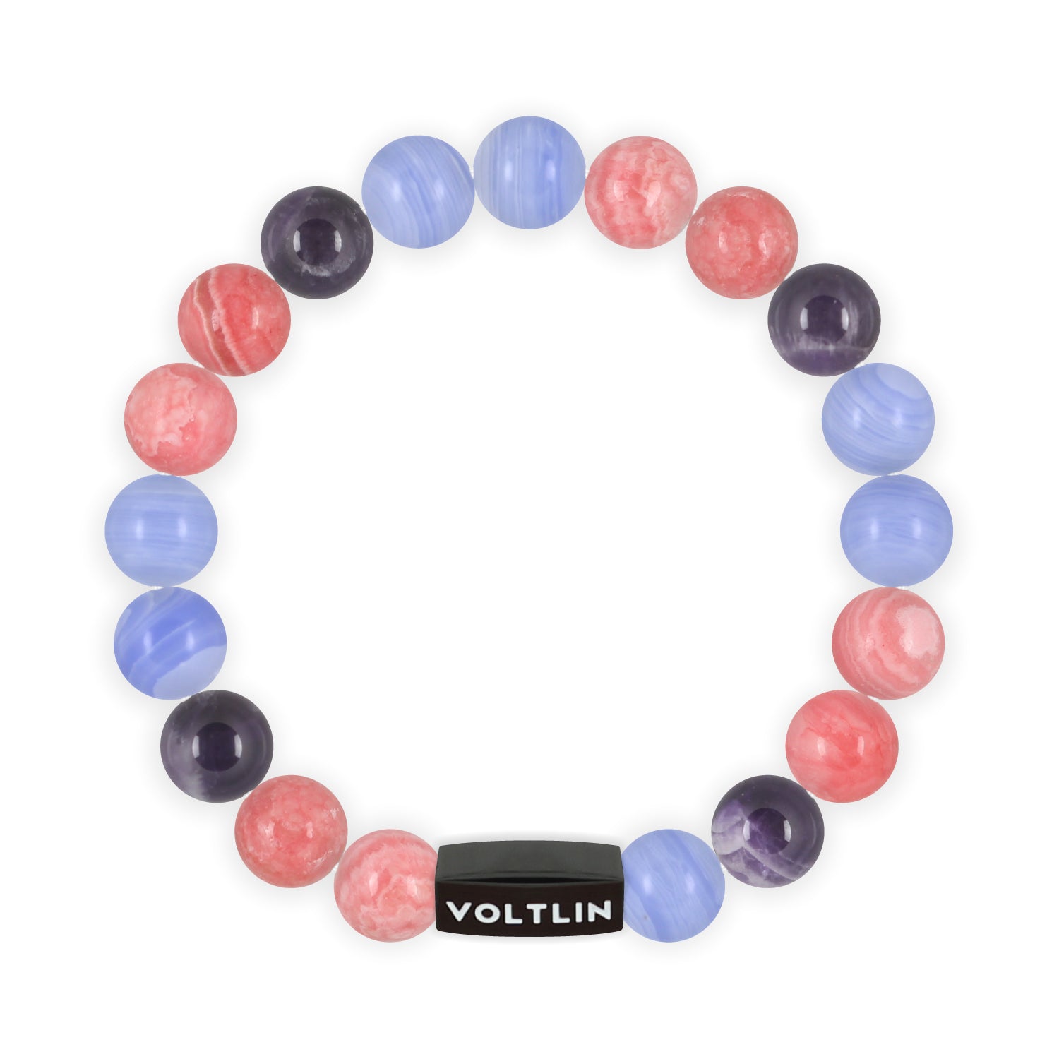 Top view of a 10mm Bisexual Pride crystal beaded stretch bracelet with black stainless steel logo bead made by Voltlin