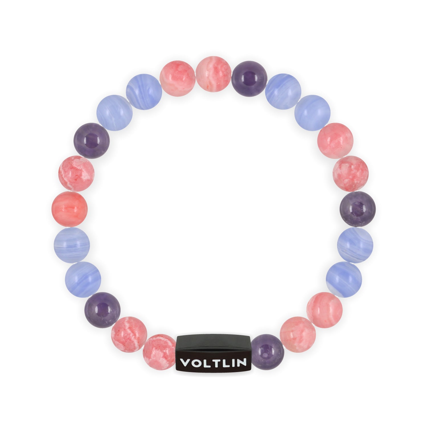 Top view of an 8mm Bisexual Pride crystal beaded stretch bracelet with black stainless steel logo bead made by Voltlin