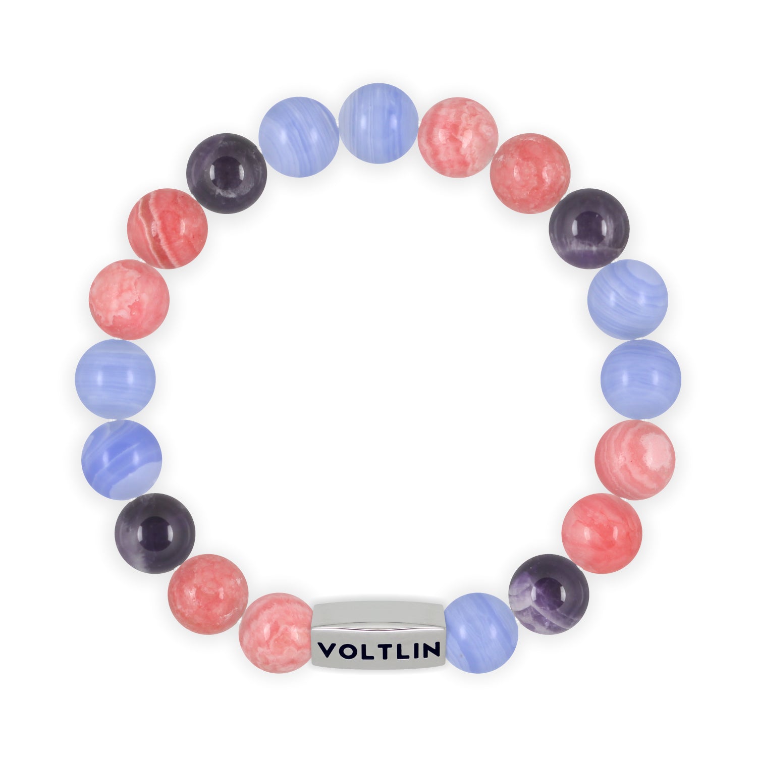 Top view of a 10mm Progress Pride beaded stretch bracelet with silver stainless steel logo bead made by Voltlin