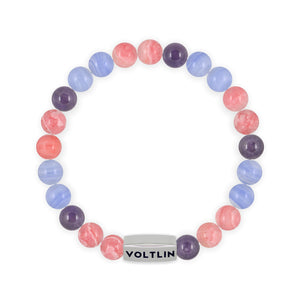 Top view of an 8mm Bi Pride beaded stretch bracelet with silver stainless steel logo bead made by Voltlin