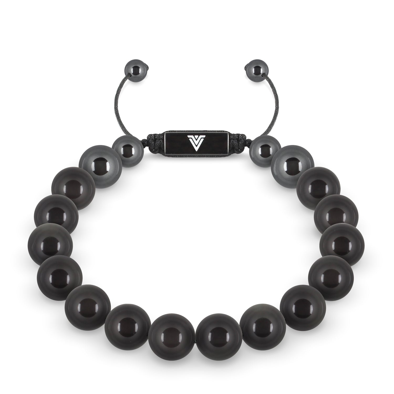Front view of a 10mm Black Obsidian crystal beaded shamballa bracelet with black stainless steel logo bead made by Voltlin