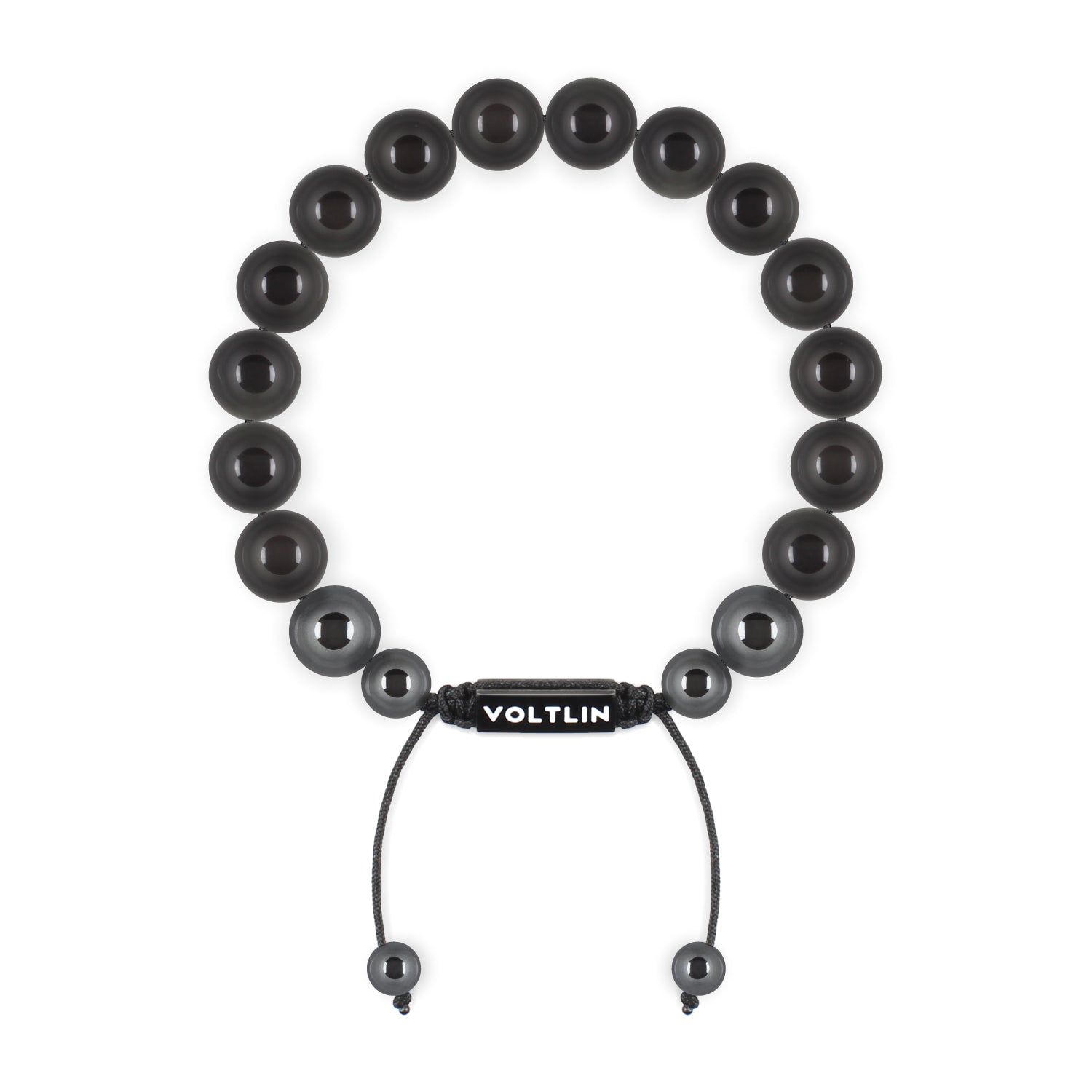 Top view of a 10mm Black Obsidian crystal beaded shamballa bracelet with black stainless steel logo bead made by Voltlin