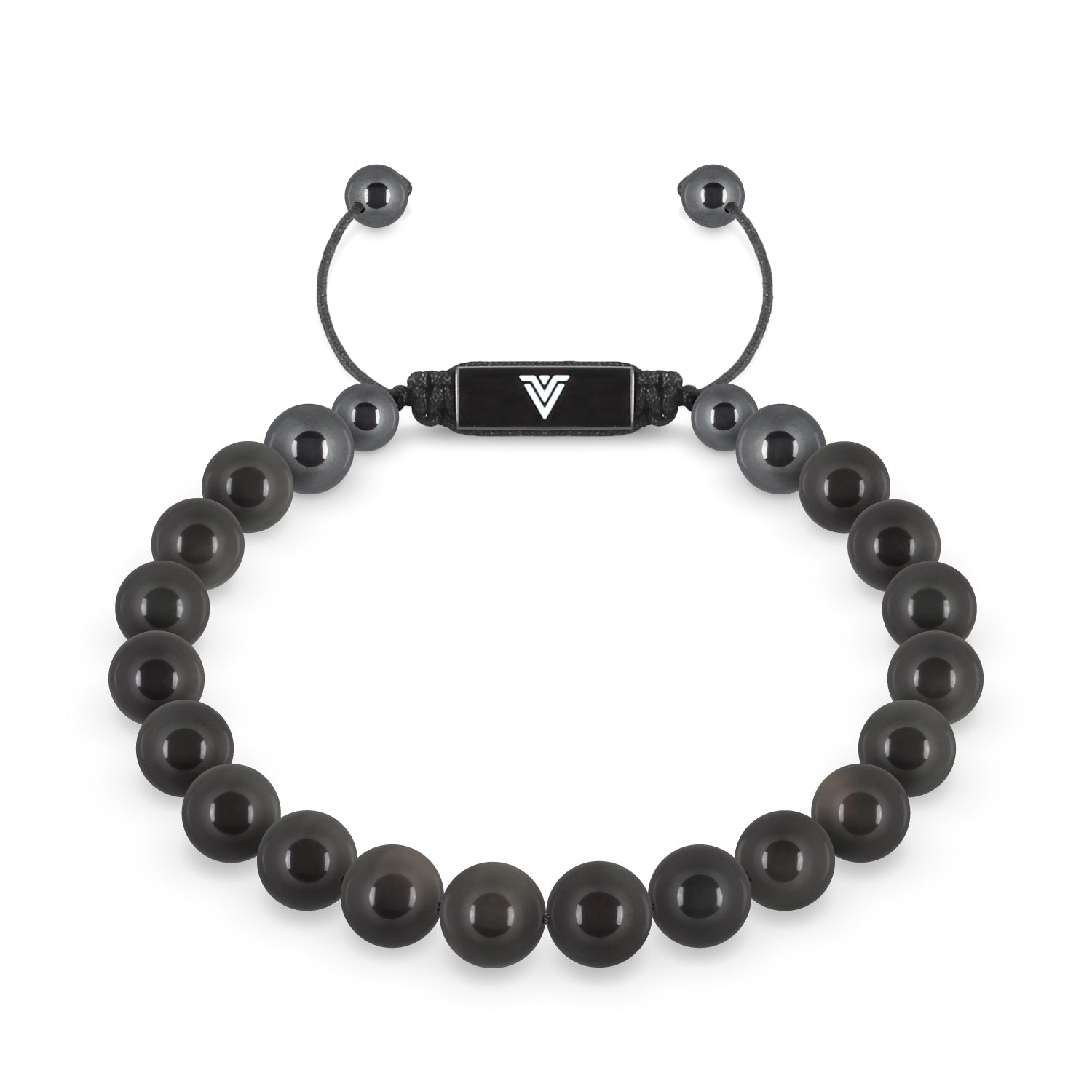 Front view of an 8mm Black Obsidian crystal beaded shamballa bracelet with black stainless steel logo bead made by Voltlin