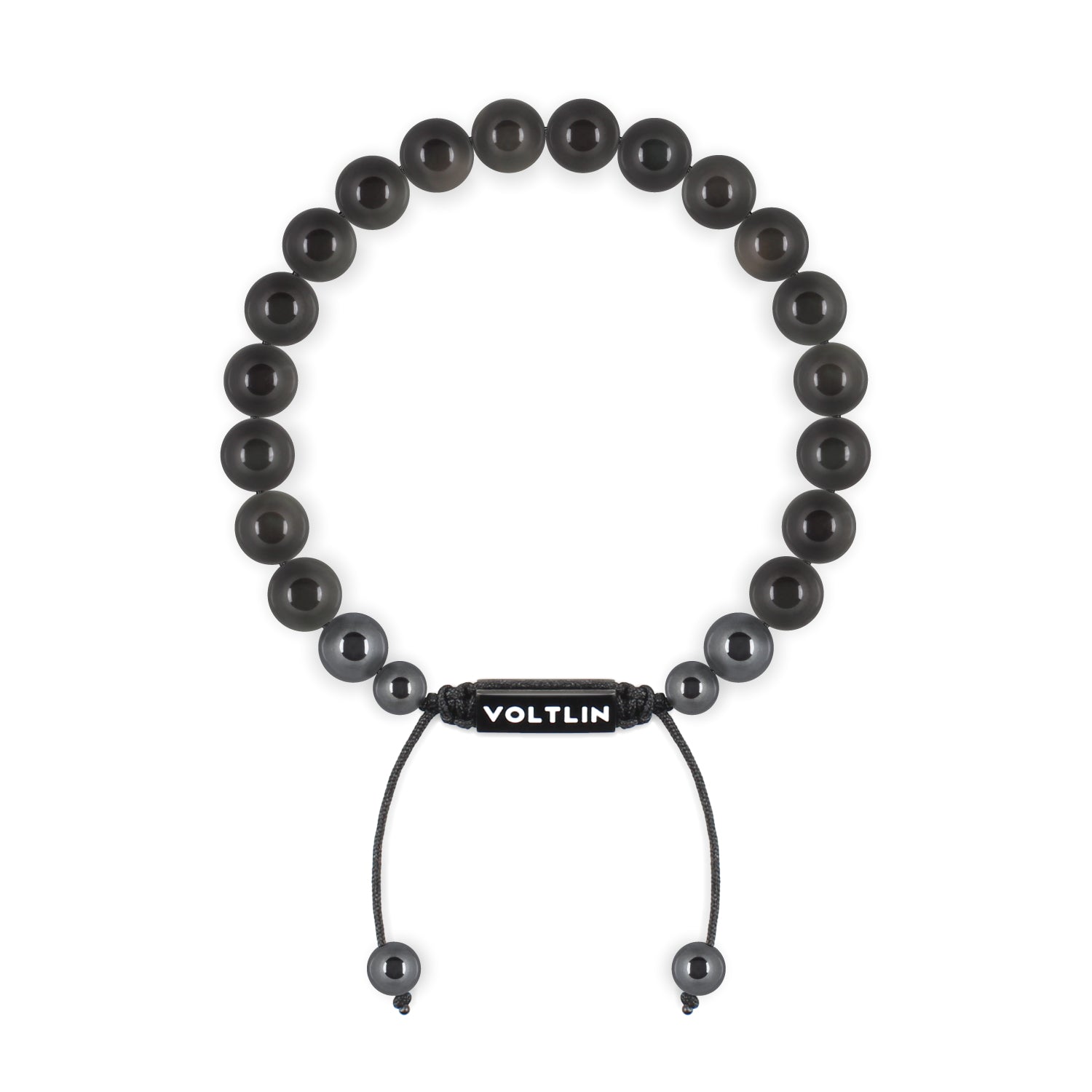 Top view of an 8mm Black Obsidian crystal beaded shamballa bracelet with black stainless steel logo bead made by Voltlin