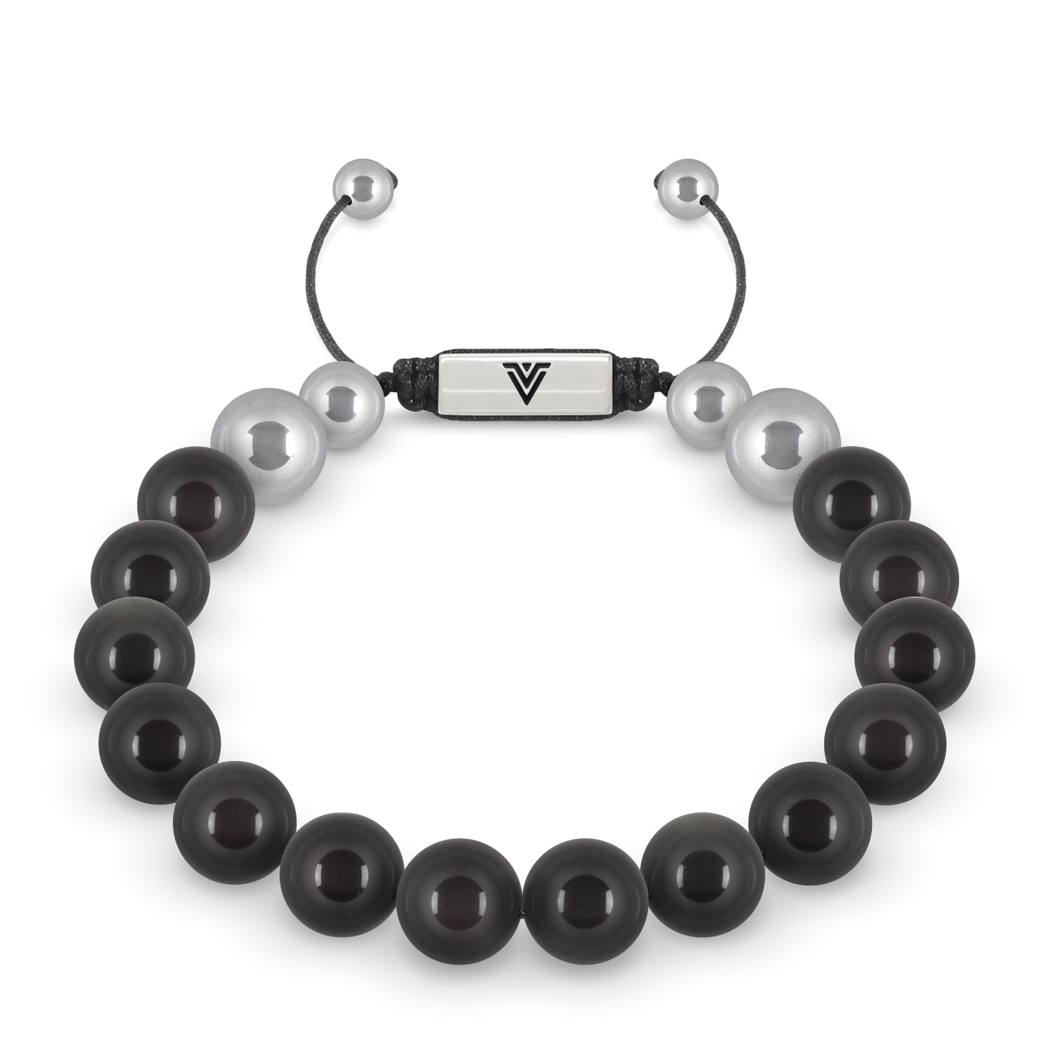 Front view of a 10mm Black Obsidian beaded shamballa bracelet with silver stainless steel logo bead made by Voltlin