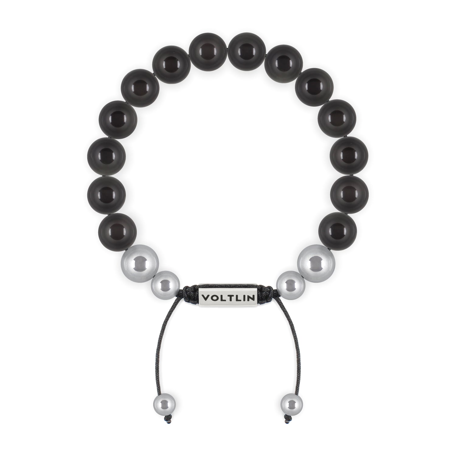 Top view of a 10mm Black Obsidian beaded shamballa bracelet with silver stainless steel logo bead made by Voltlin