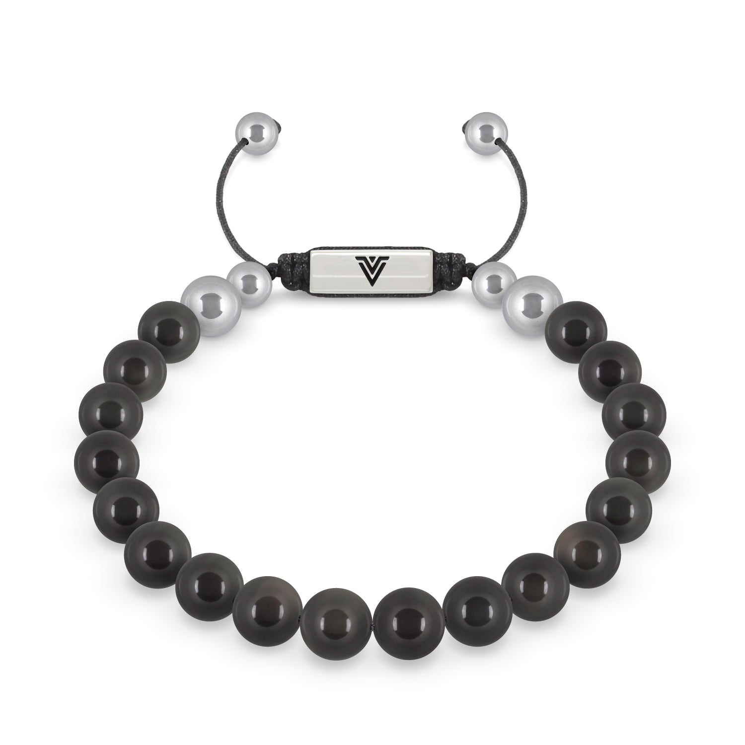 Front view of an 8mm Black Obsidian beaded shamballa bracelet with silver stainless steel logo bead made by Voltlin