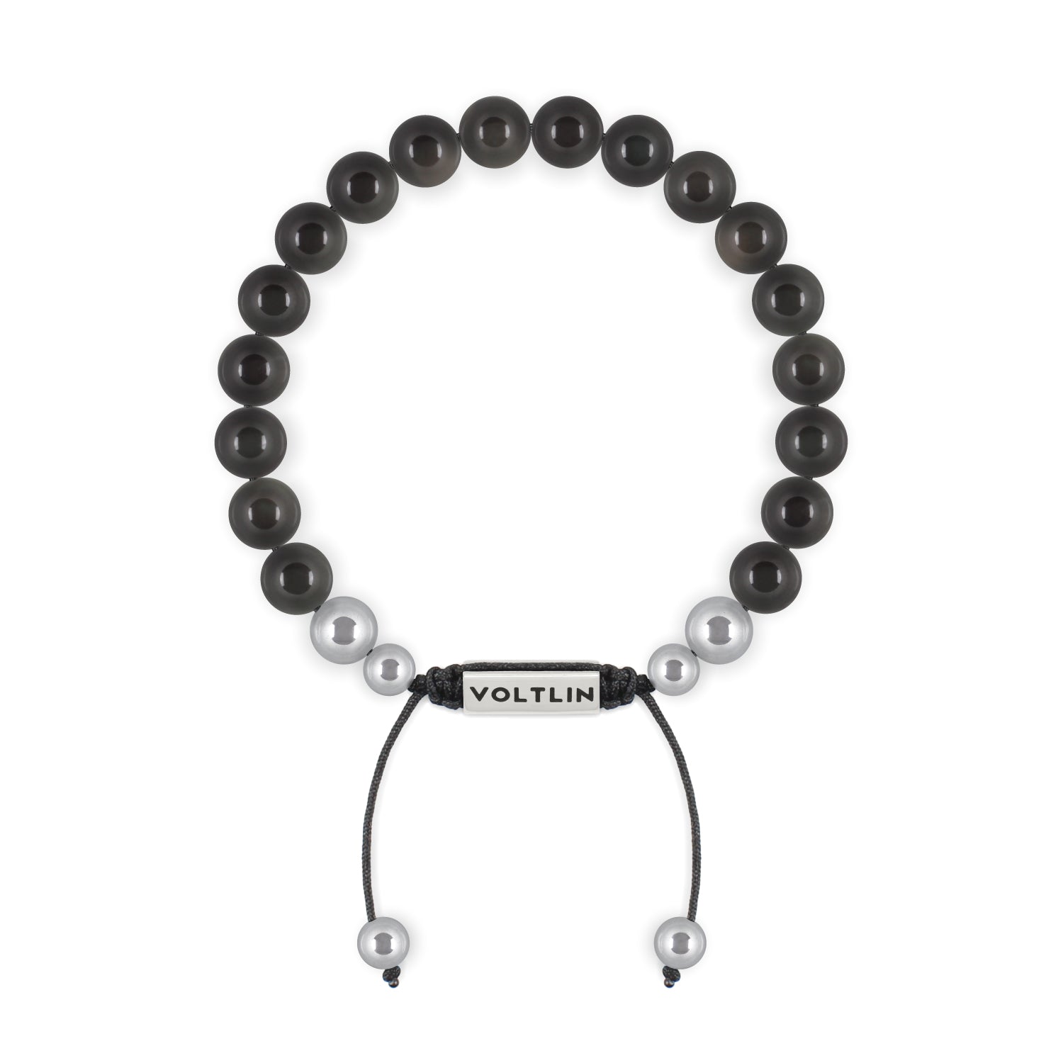 Top view of an 8mm Black Obsidian beaded shamballa bracelet with silver stainless steel logo bead made by Voltlin