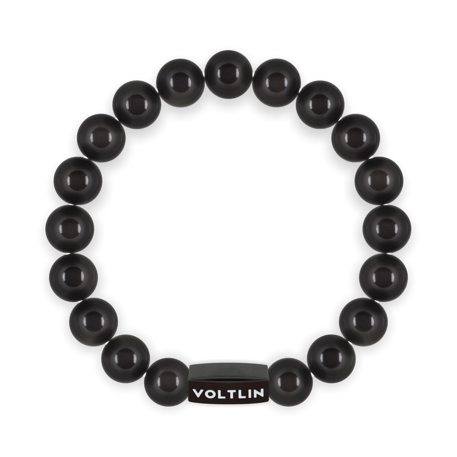 Top view of a 10mm Black Obsidian crystal beaded stretch bracelet with black stainless steel logo bead made by Voltlin