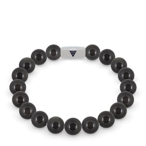 Front view of a 10mm Black Obsidian beaded stretch bracelet with silver stainless steel logo bead made by Voltlin