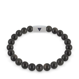 Front view of an 8mm Black Obsidian beaded stretch bracelet with silver stainless steel logo bead made by Voltlin