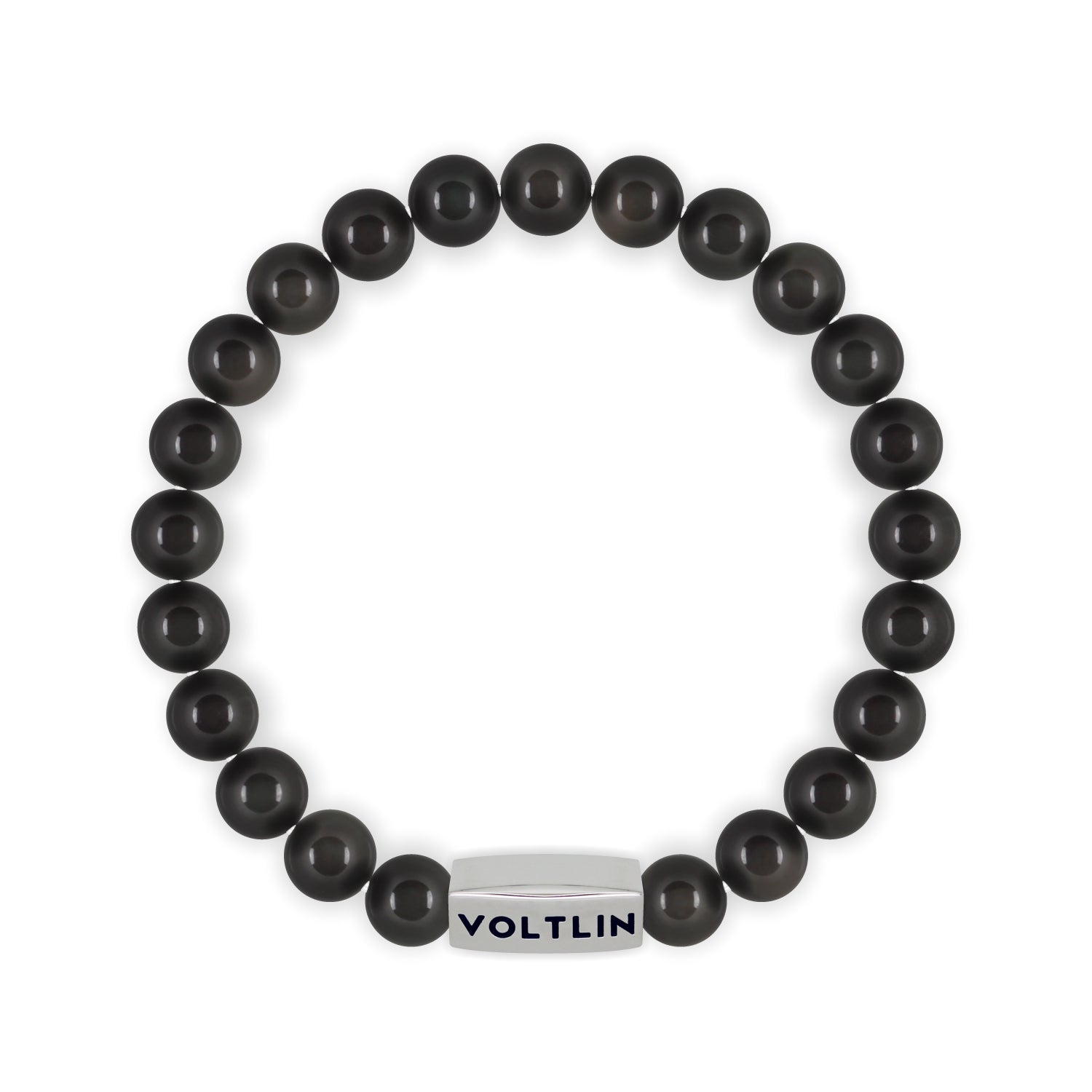 Top view of an 8mm Black Obsidian beaded stretch bracelet with silver stainless steel logo bead made by Voltlin