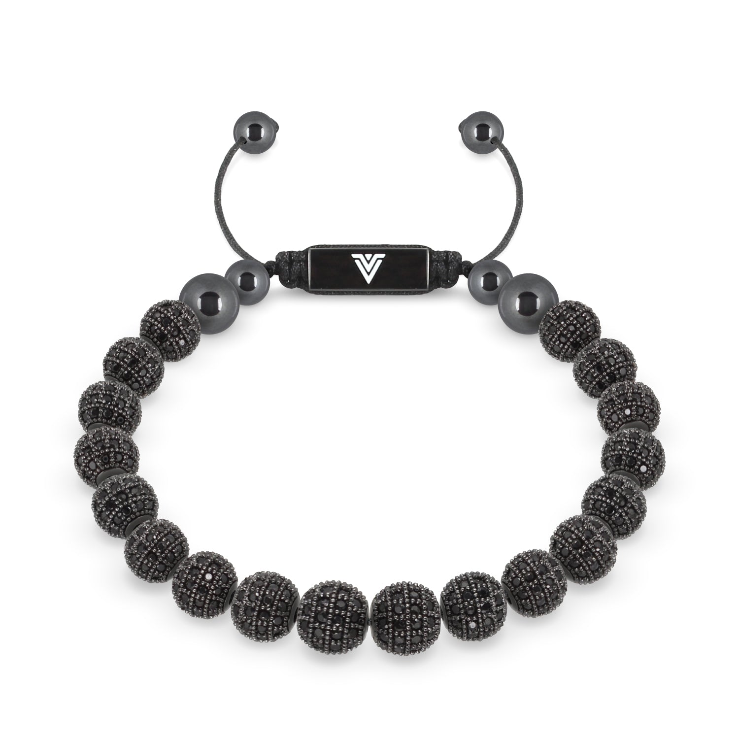 Front view of an 8mm Black Pave crystal beaded shamballa bracelet with black stainless steel logo bead made by Voltlin