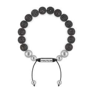 Top view of a 10mm Black Pave beaded shamballa bracelet with silver stainless steel logo bead made by Voltlin