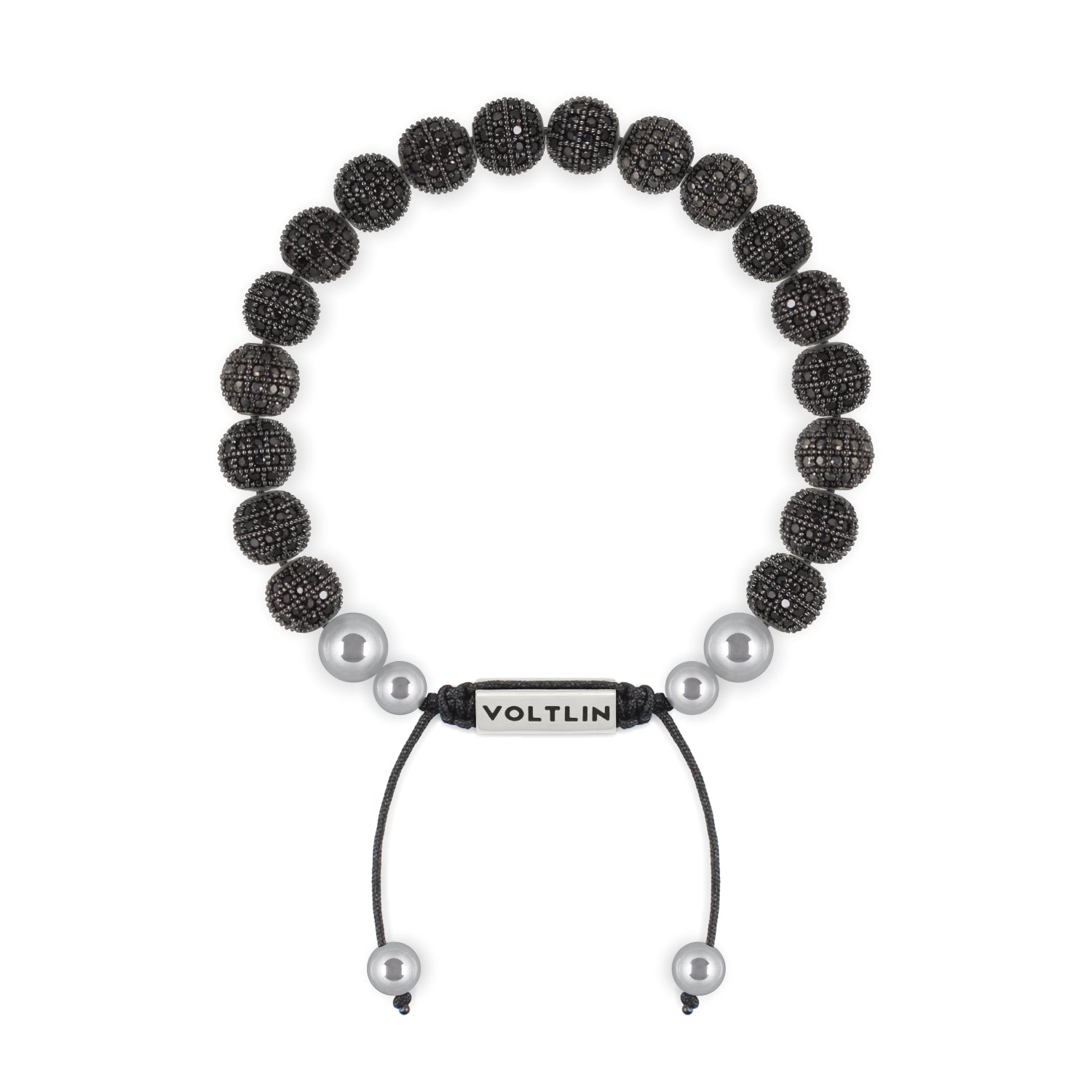 Top view of an 8mm Black Pave beaded shamballa bracelet with silver stainless steel logo bead made by Voltlin