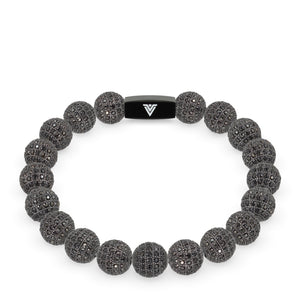 Front view of a 10mm Black Pave crystal beaded stretch bracelet with black stainless steel logo bead made by Voltlin