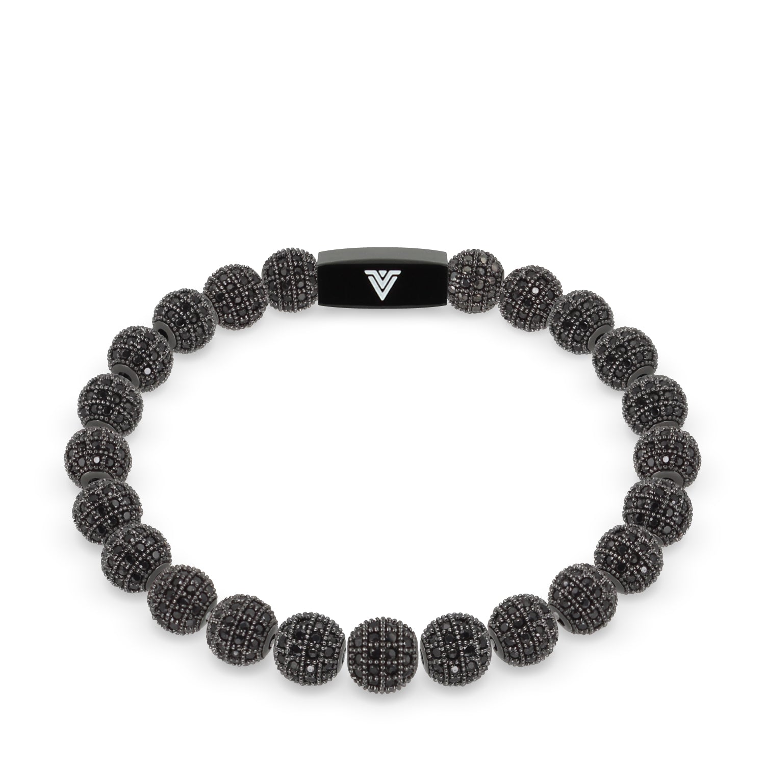 Front view of an 8mm Black Pave crystal beaded stretch bracelet with black stainless steel logo bead made by Voltlin