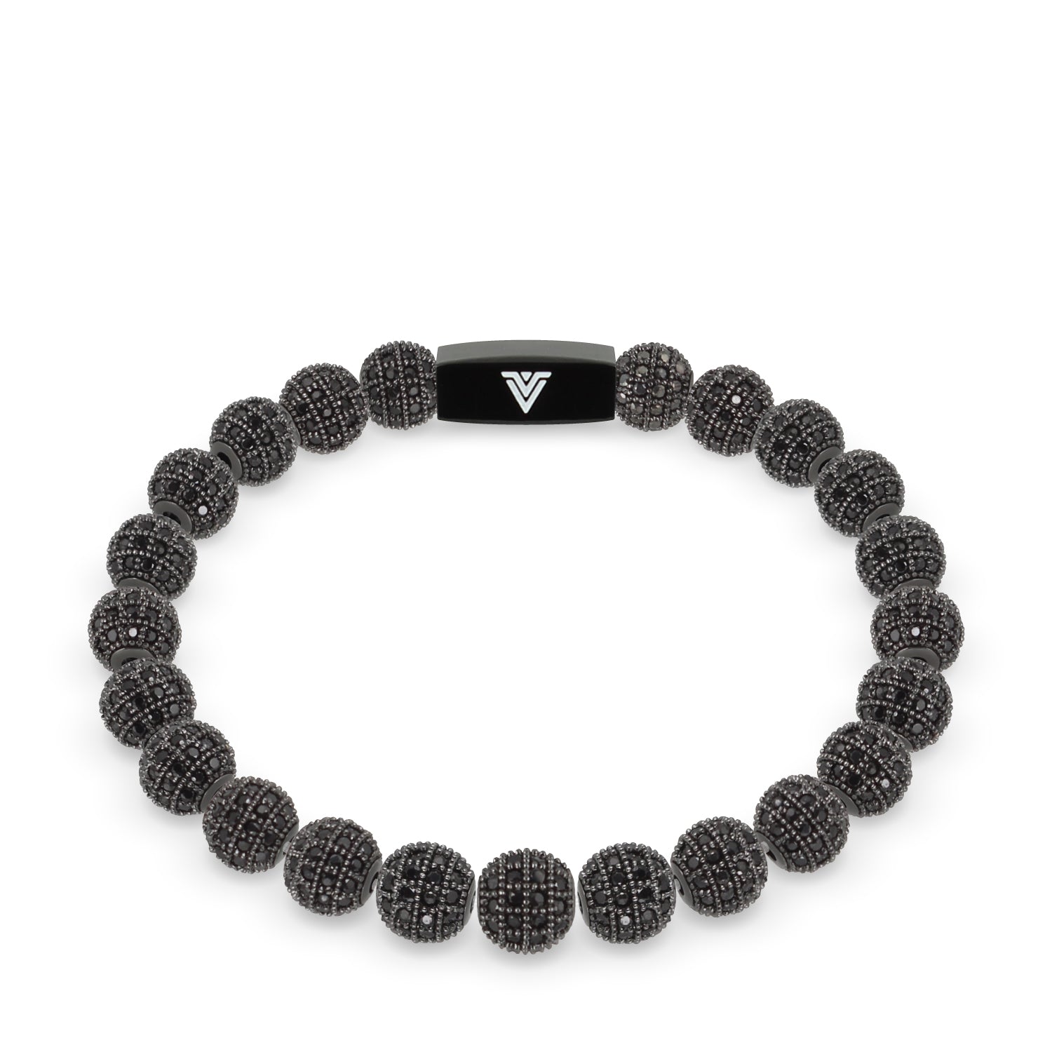 Front view of an 8mm Black Pave crystal beaded stretch bracelet with black stainless steel logo bead made by Voltlin