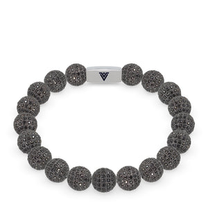 Front view of a 10mm Black Pave beaded stretch bracelet with silver stainless steel logo bead made by Voltlin