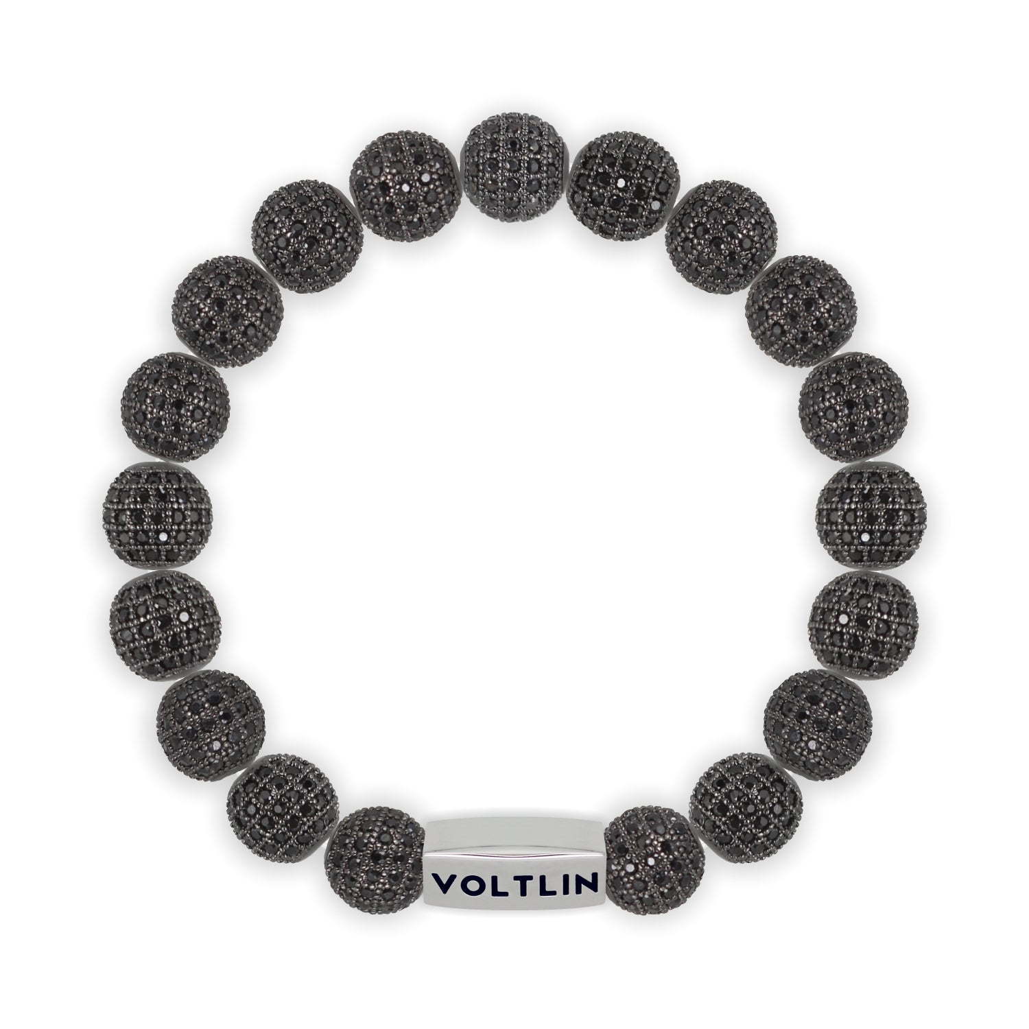 Top view of a 10mm Black Pave beaded stretch bracelet with silver stainless steel logo bead made by Voltlin