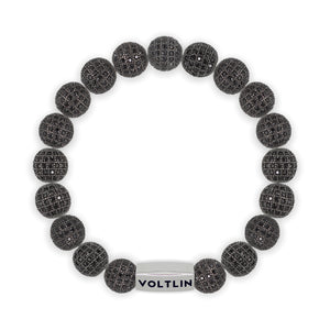 Top view of a 10mm Black Pave beaded stretch bracelet with silver stainless steel logo bead made by Voltlin