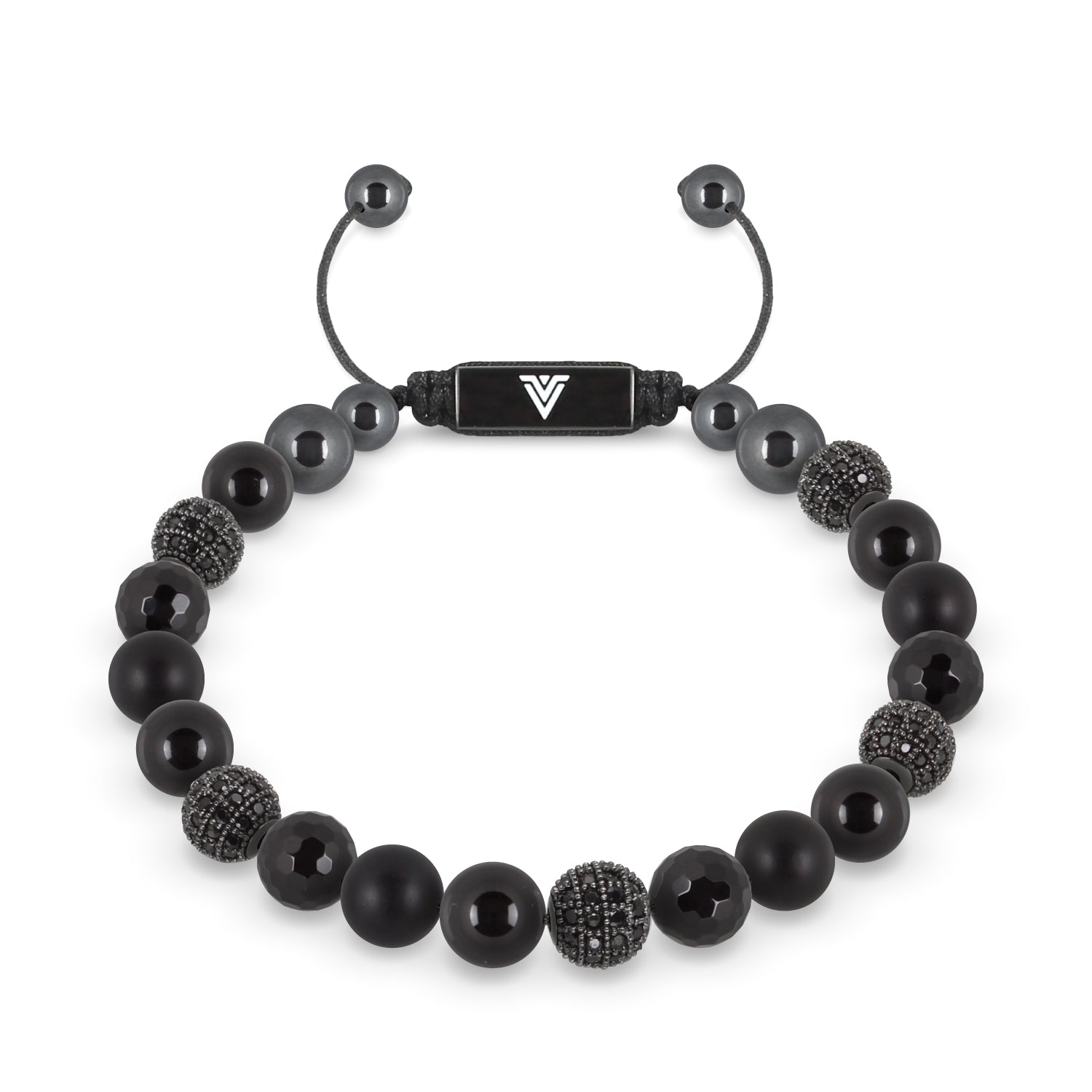 Front view of an 8mm Black Sirius crystal beaded shamballa bracelet with black stainless steel logo bead made by Voltlin