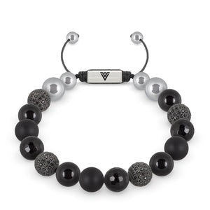 Front view of a 10mm Black Sirius beaded shamballa bracelet featuring Smooth Onyx, Black Pave, Faceted Onyx, & Matte Onyx crystal and silver stainless steel logo bead made by Voltlin