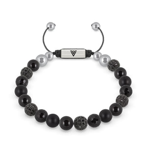 Front view of an 8mm Black Sirius beaded shamballa bracelet featuring Smooth Onyx, Black Pave, Faceted Onyx, & Matte Onyx crystal and silver stainless steel logo bead made by Voltlin