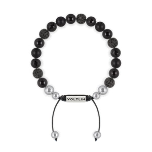 Top view of an 8mm Black Sirius beaded shamballa bracelet featuring Smooth Onyx, Black Pave, Faceted Onyx, & Matte Onyx crystal and silver stainless steel logo bead made by Voltlin