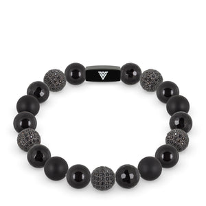 Front view of a 10mm Black Sirius crystal beaded stretch bracelet with black stainless steel logo bead made by Voltlin