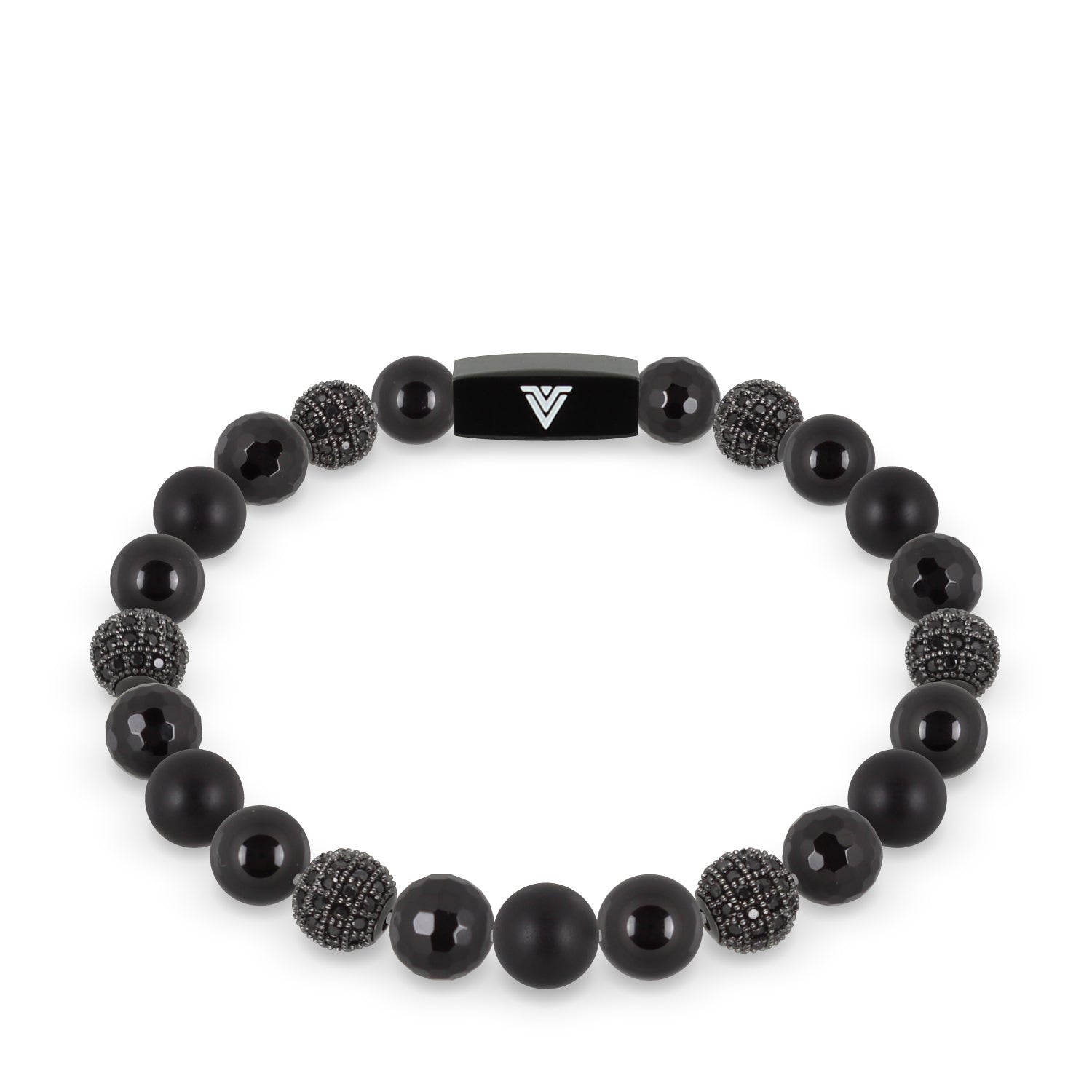 Front view of an 8mm Black Sirius crystal beaded stretch bracelet with black stainless steel logo bead made by Voltlin