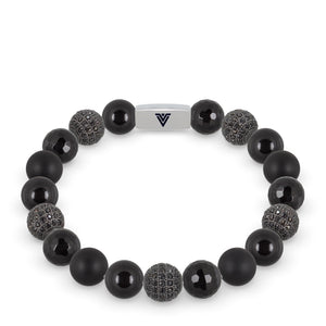 Front view of a 10mm Black Sirius beaded stretch bracelet featuring Smooth Onyx, Black Pave, Faceted Onyx, & Matte Onyx crystal and silver stainless steel logo bead made by Voltlin