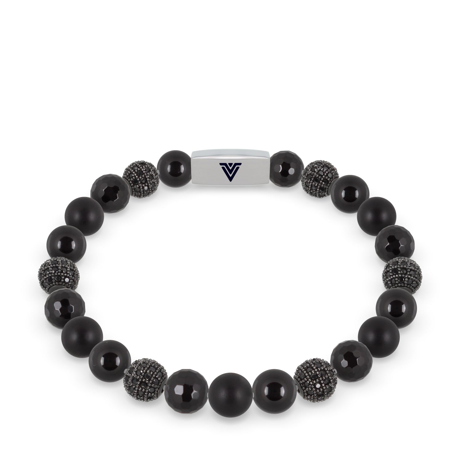 Front view of an 8mm Black Sirius beaded stretch bracelet featuring Smooth Onyx, Black Pave, Faceted Onyx, & Matte Onyx crystal and silver stainless steel logo bead made by Voltlin